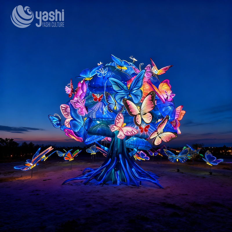 Custom Fantasy Mushroom Tree Lantern With Colorful Butterflies, Large LED Light Sculpture for Theme Park & Night Festival