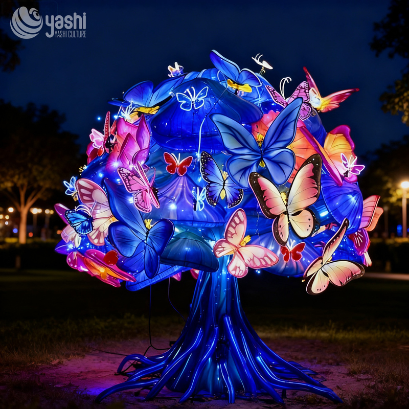 Custom Fantasy Mushroom Tree Lantern With Colorful Butterflies, Large LED Light Sculpture for Theme Park & Night Festival