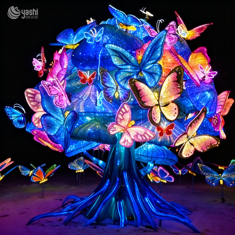 Custom Fantasy Mushroom Tree Lantern With Colorful Butterflies, Large LED Light Sculpture for Theme Park & Night Festival