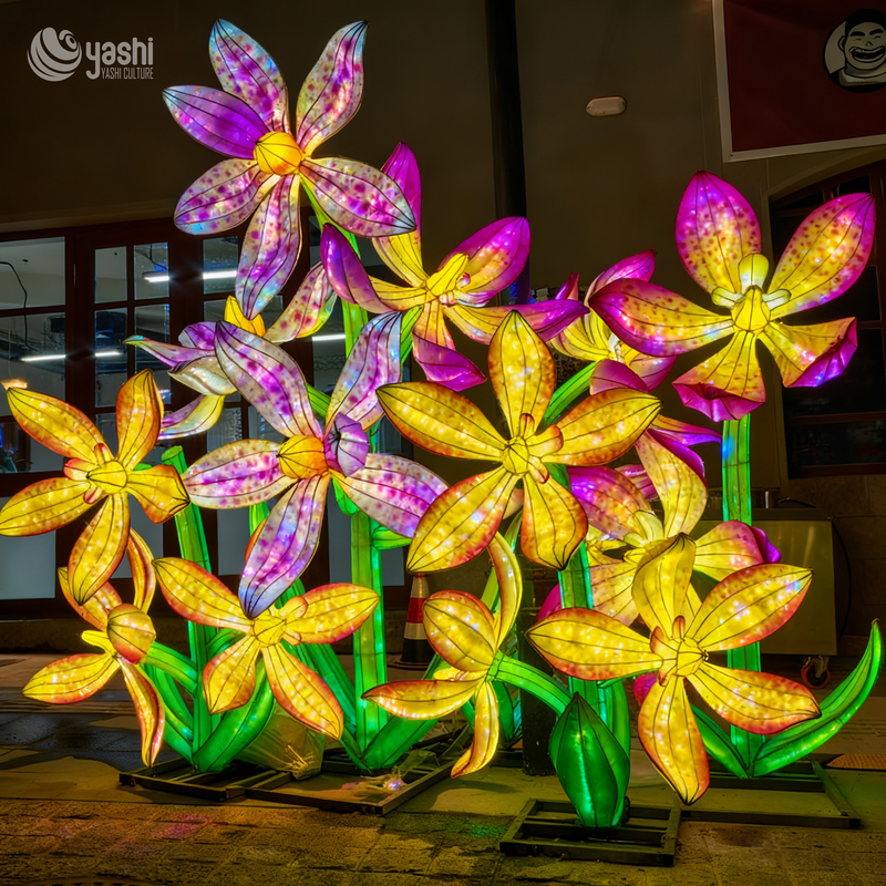 Custom Orchid Flower Lantern Group, Large LED Colorful Orchid Light Sculptures for Outdoor Festival Decor