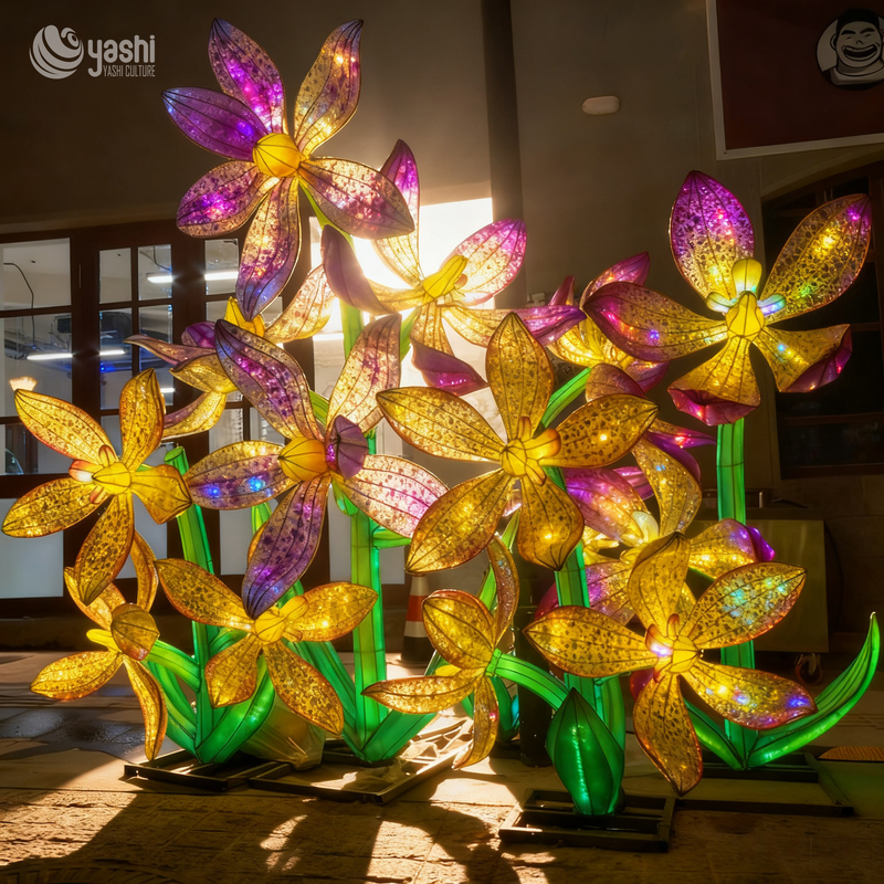 Custom Orchid Flower Lantern Group, Large LED Colorful Orchid Light Sculptures for Outdoor Festival Decor