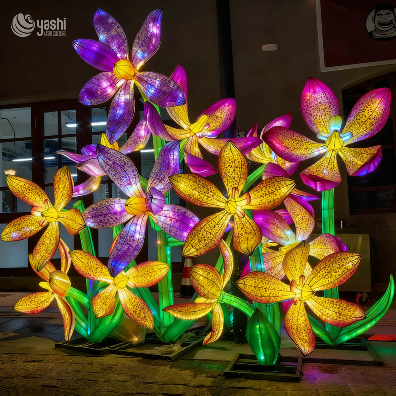 Custom Orchid Flower Lantern Group, Large LED Colorful Orchid Light Sculptures for Outdoor Festival Decor