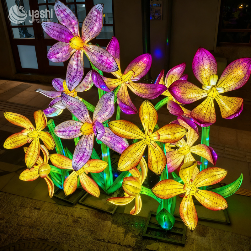 Custom Orchid Flower Lantern Group, Large LED Colorful Orchid Light Sculptures for Outdoor Festival Decor