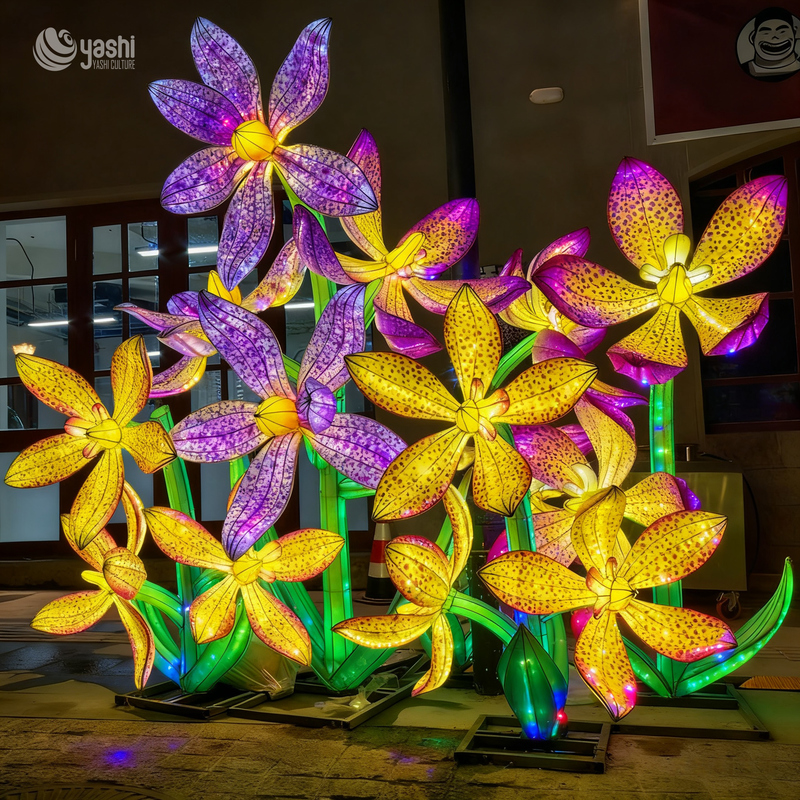 Custom Orchid Flower Lantern Group, Large LED Colorful Orchid Light Sculptures for Outdoor Festival Decor