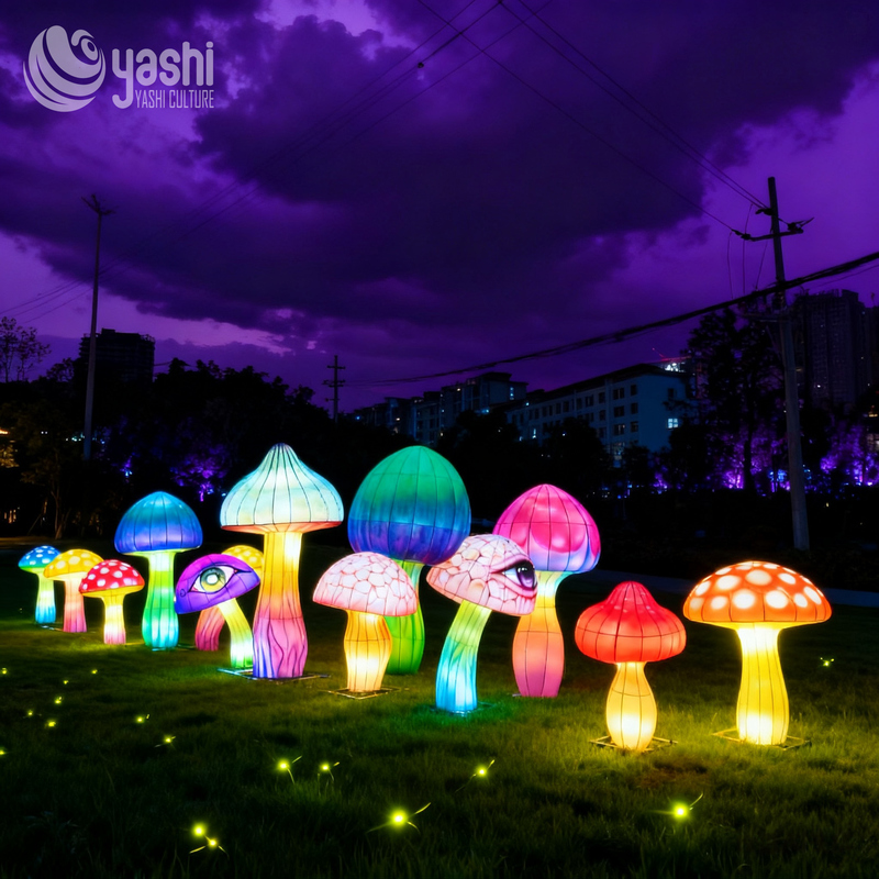 Set de lanternes LED à champignons géants de fantaisie personnalisé, sculpture lumineuse de champignons magiques fantaisistes pour le festival de la lumière du parc à thème