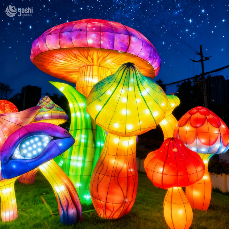 Colorful Mushroom Lantern Installation for Outdoor Garden Art Night Scene Decoration