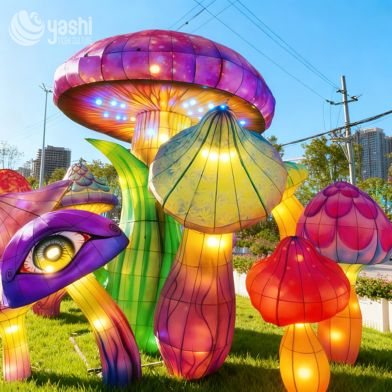 Colorful Mushroom Lantern Installation for Outdoor Garden Art Night Scene Decoration