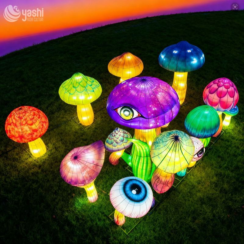 Set de lanternes LED à champignons géants de fantaisie personnalisé, sculpture lumineuse de champignons magiques fantaisistes pour le festival de la lumière du parc à thème