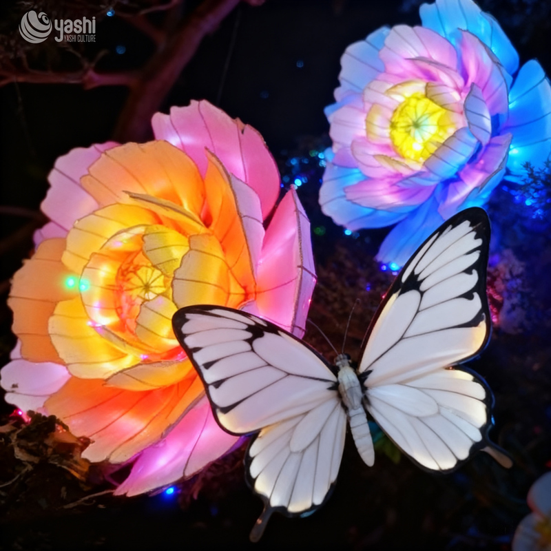 Custom Hanging Peony & Butterfly LED Lantern Set, Floating Floral Light Sculpture for Garden Night Festival