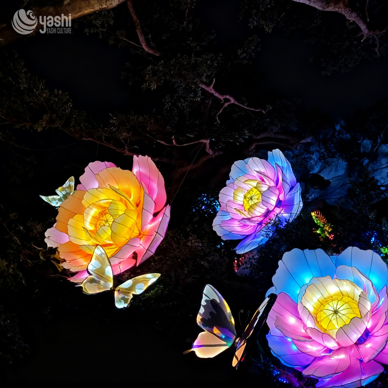 Custom Hanging Peony & Butterfly LED Lantern Set, Floating Floral Light Sculpture for Garden Night Festival
