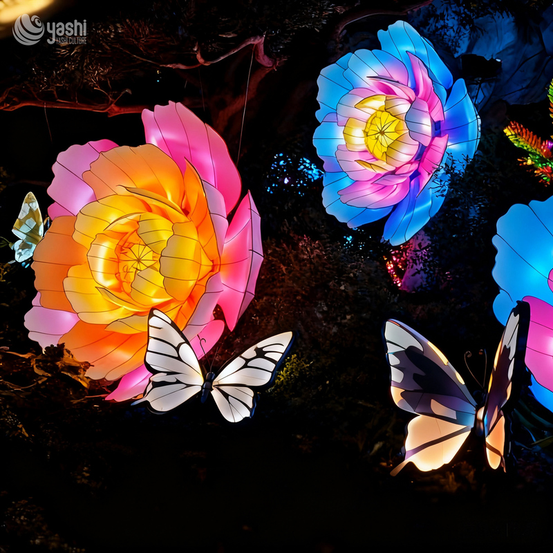 Custom Hanging Peony & Butterfly LED Lantern Set, Floating Floral Light Sculpture for Garden Night Festival