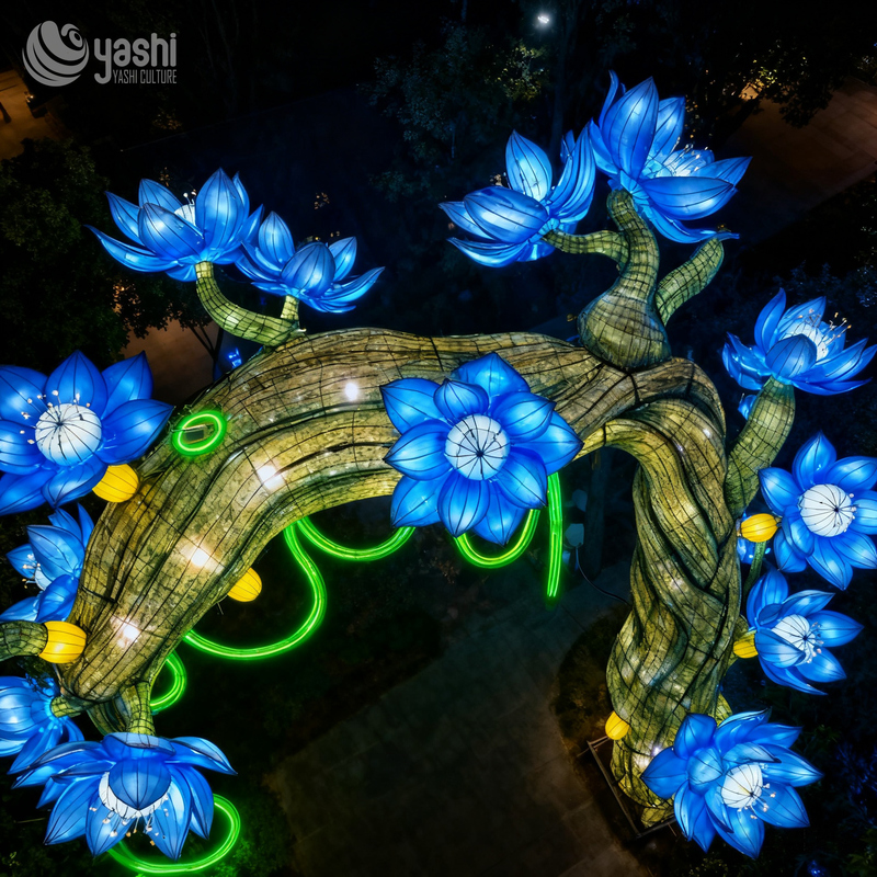 Custom Blue Lotus Tree Arch Lantern, Large LED Floral Arch Light Sculpture for Night Festival Entrance Decor
