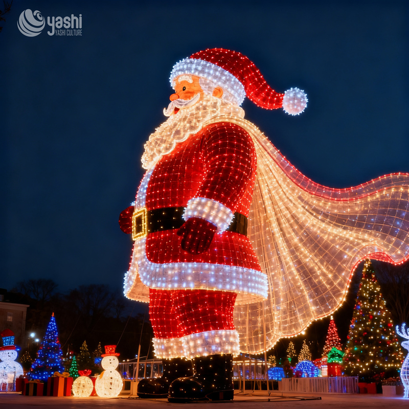 Custom Giant Flying Santa Claus LED Wireframe Light Sculpture, Outdoor Waterproof Christmas Motif Light for Park & Mall Display