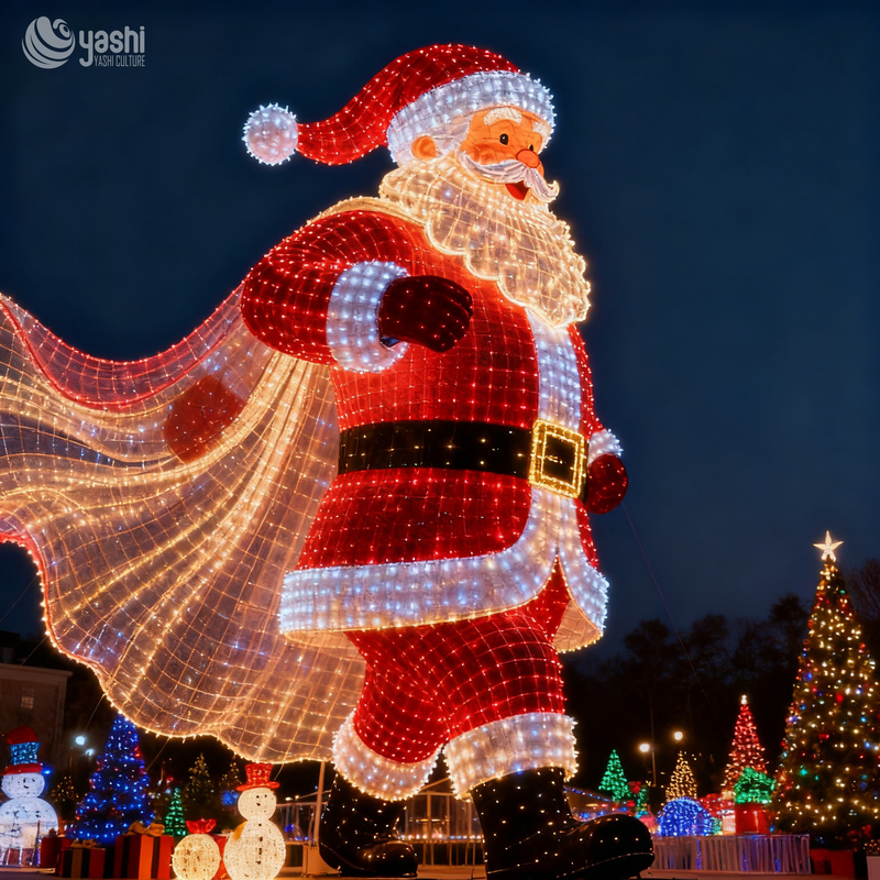 Custom Giant Flying Santa Claus LED Wireframe Light Sculpture, Outdoor Waterproof Christmas Motif Light for Park & Mall Display