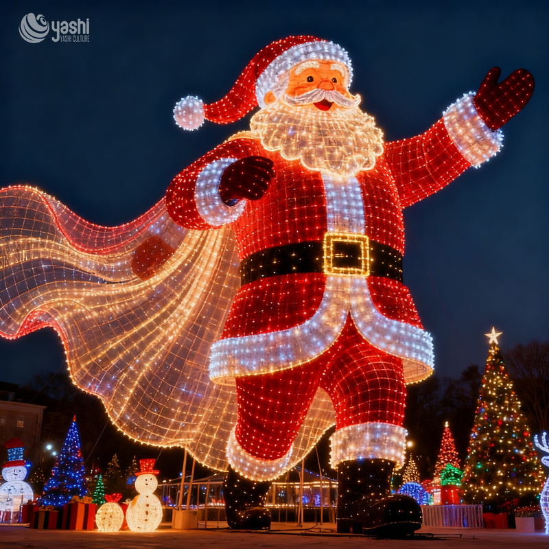 Custom Giant Flying Santa Claus LED Wireframe Light Sculpture, Outdoor Waterproof Christmas Motif Light for Park & Mall Display