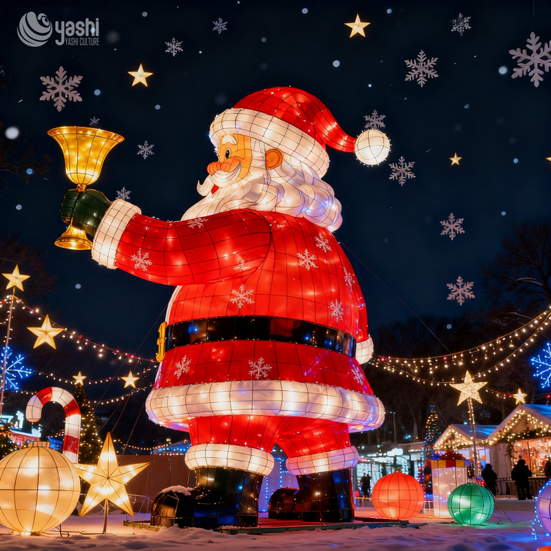 Custom Giant Santa Claus With Bells LED Festival Lantern, Outdoor Waterproof Christmas Light Sculpture for Theme Park & Shopping Mall