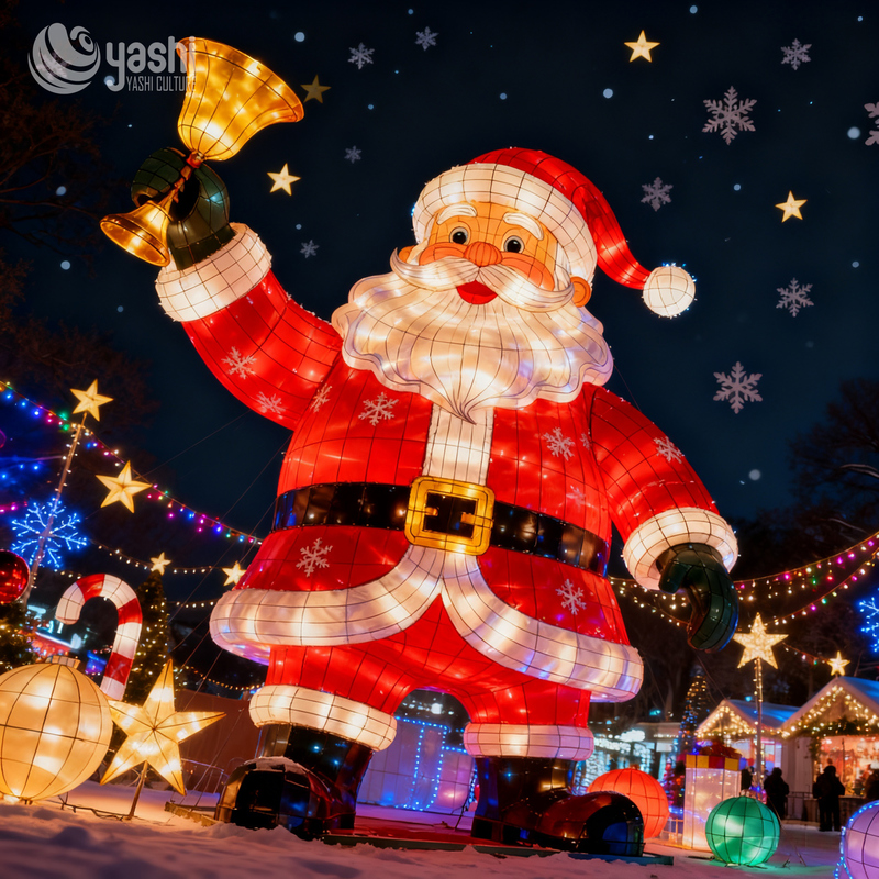 Custom Giant Santa Claus With Bells LED Festival Lantern, Outdoor Waterproof Christmas Light Sculpture for Theme Park & Shopping Mall