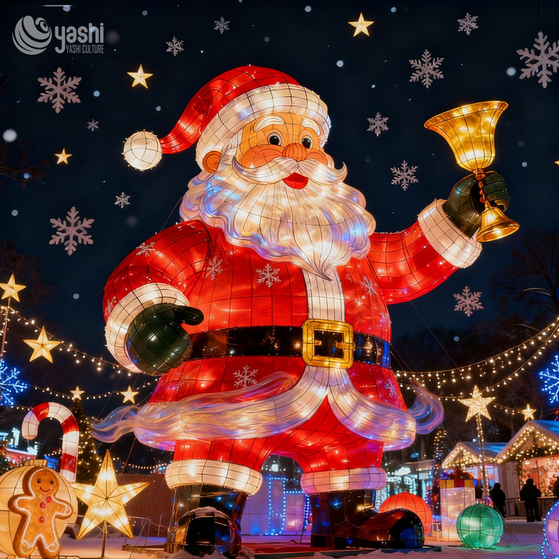 Custom Giant Santa Claus With Bells LED Festival Lantern, Outdoor Waterproof Christmas Light Sculpture for Theme Park & Shopping Mall