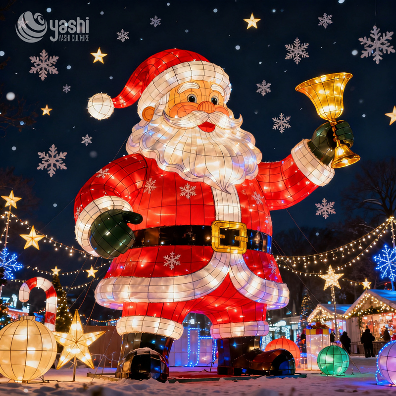 Custom Giant Santa Claus With Bells LED Festival Lantern, Outdoor Waterproof Christmas Light Sculpture for Theme Park & Shopping Mall