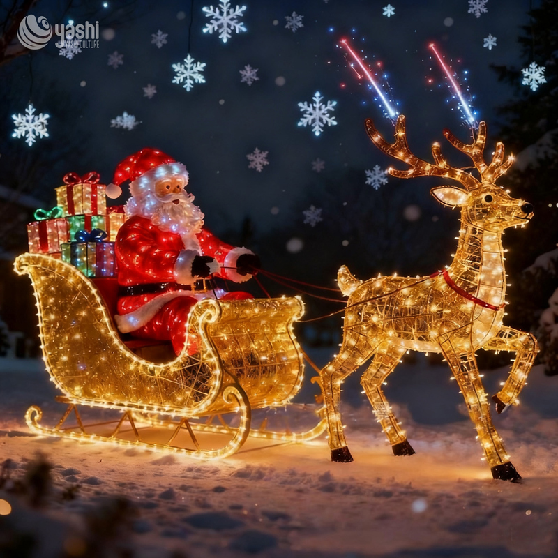 Santa Sleigh & Reindeer LED Light Sculpture Set, Outdoor Waterproof Christmas Motif Lights for Park & Commercial Light Festival