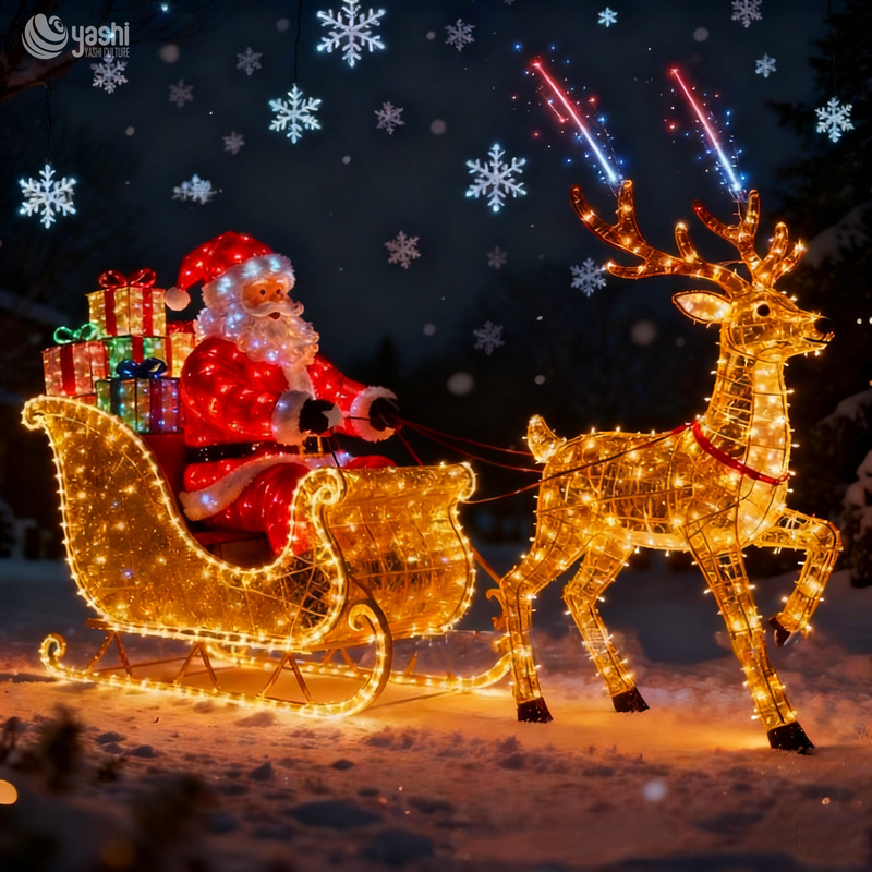 Santa Sleigh & Reindeer LED Light Sculpture Set, Outdoor Waterproof Christmas Motif Lights for Park & Commercial Light Festival