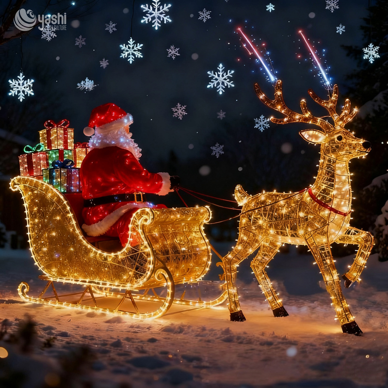 Santa Sleigh & Reindeer LED Light Sculpture Set, Outdoor Waterproof Christmas Motif Lights for Park & Commercial Light Festival