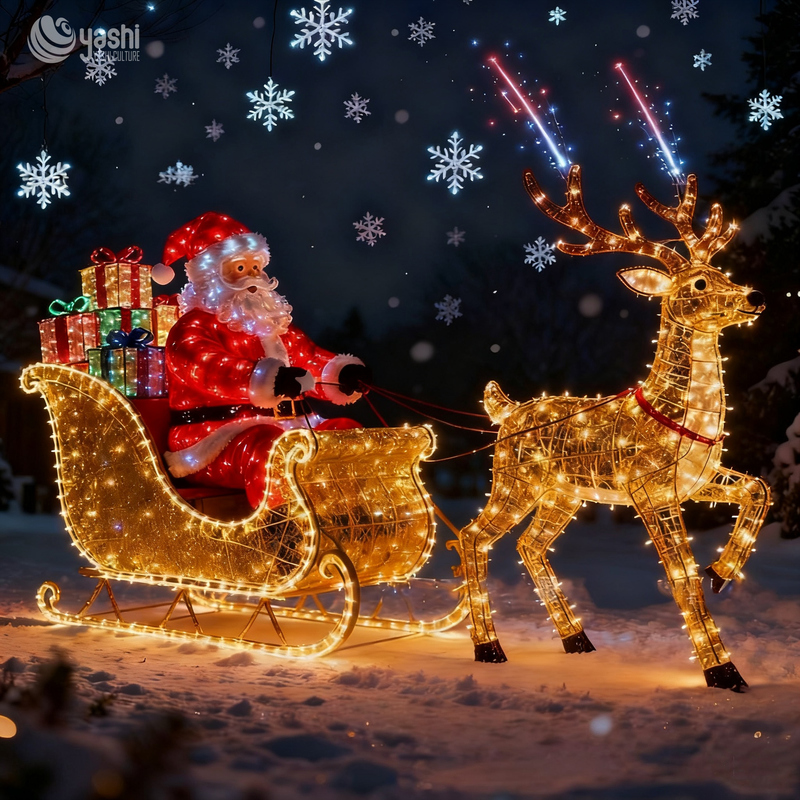 Santa Sleigh & Reindeer LED Light Sculpture Set, Outdoor Waterproof Christmas Motif Lights for Park & Commercial Light Festival