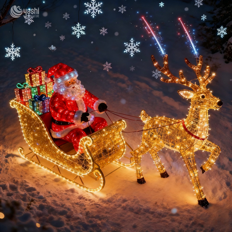 Santa Sleigh & Reindeer LED Light Sculpture Set, Outdoor Waterproof Christmas Motif Lights for Park & Commercial Light Festival