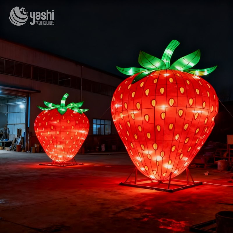 Custom Giant Strawberry Fruit Lantern, Large LED Fruit Light Sculpture for Farm & Harvest Festival