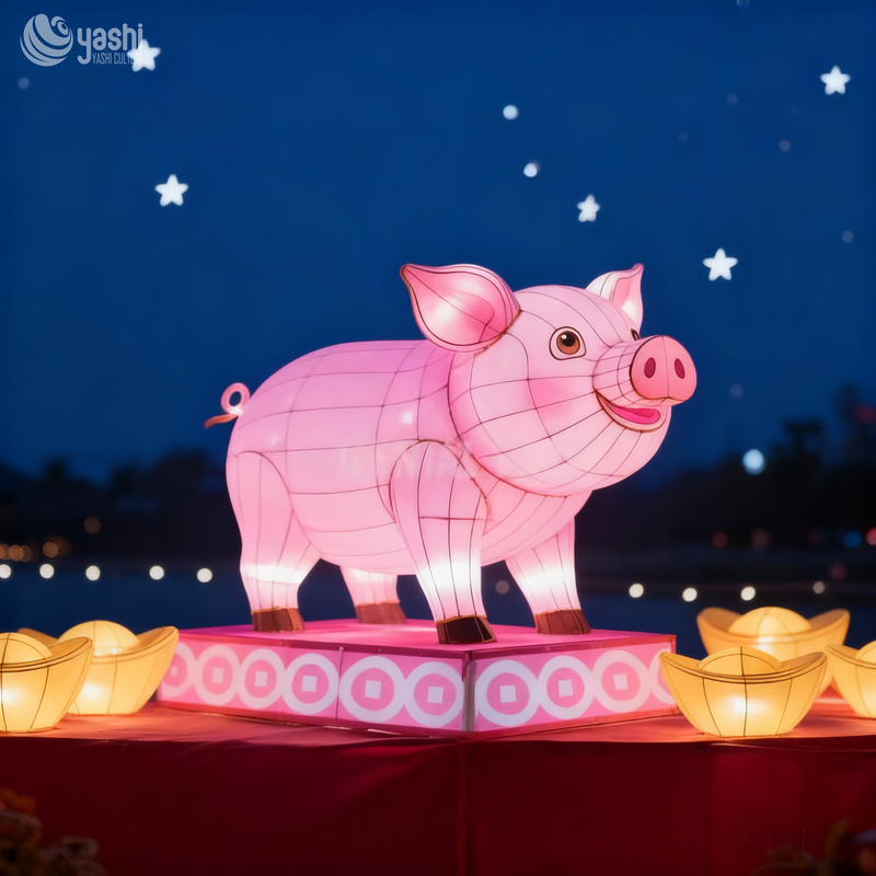 Custom Chinese Zodiac Pig Lantern | Cartoon Animal LED Light Sculpture for Lunar New Year Light Exhibition