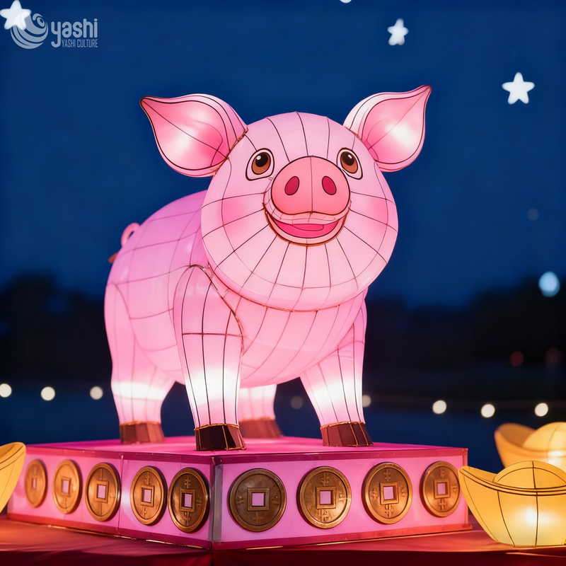 Custom Chinese Zodiac Pig Lantern | Cartoon Animal LED Light Sculpture for Lunar New Year Light Exhibition