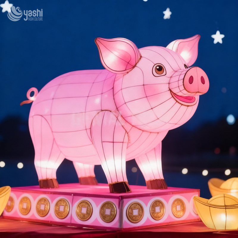 Custom Chinese Zodiac Pig Lantern | Cartoon Animal LED Light Sculpture for Lunar New Year Light Exhibition