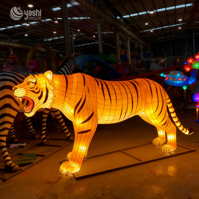 Custom Jungle Animal Lantern Set | LED Tiger & Lion Family Light Sculptures for Zoo Theme Outdoor Light Exhibition
