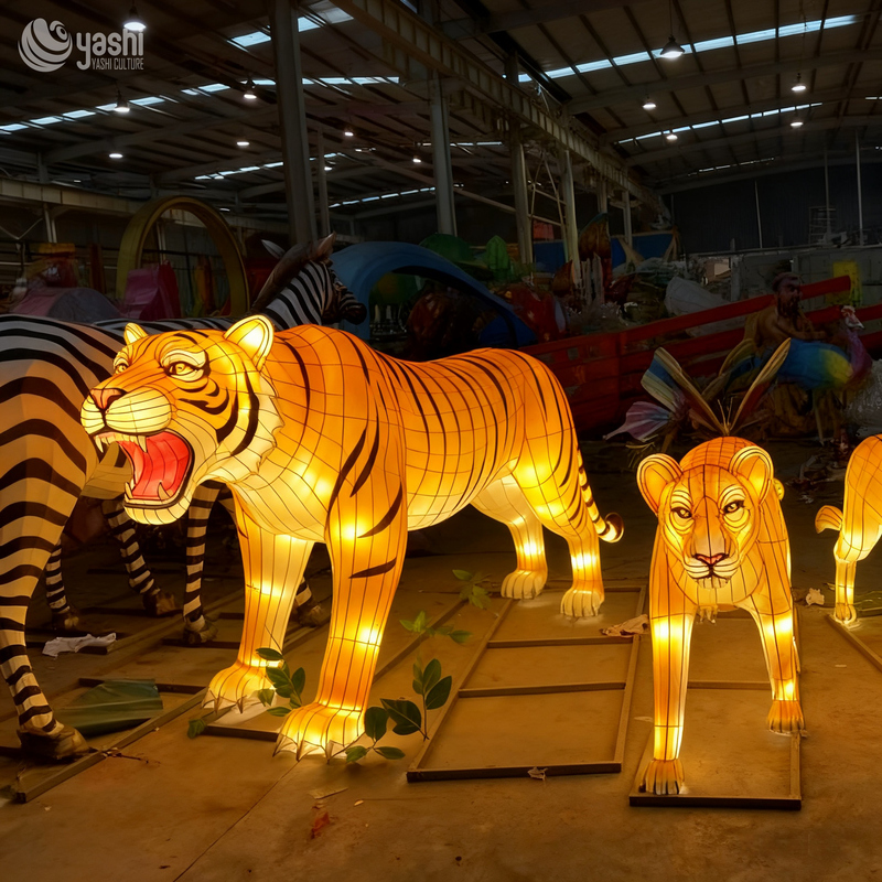 Custom Jungle Animal Lantern Set | LED Tiger & Lion Family Light Sculptures for Zoo Theme Outdoor Light Exhibition
