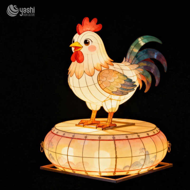 Custom Chinese Zodiac Rooster Lantern | LED Cartoon Rooster Light Sculpture with Decorative Drum‑Shaped Base for Lunar New Year Outdoor Exhibition