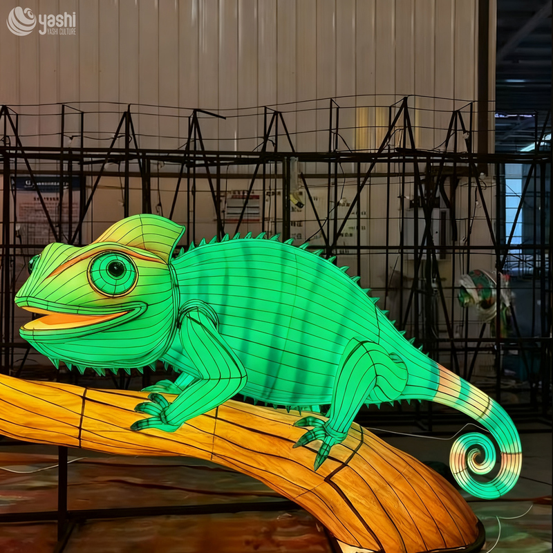 Custom Chameleon Lantern | Large LED Chameleon Light Sculpture on Tree Branch for Jungle Theme Outdoor Exhibition