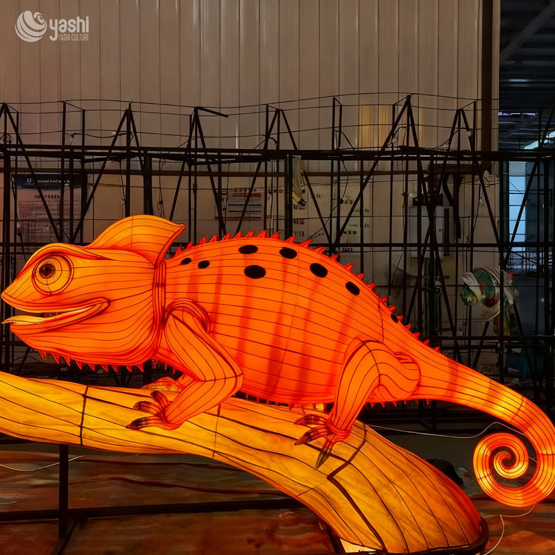 Custom Chameleon Lantern | Large LED Chameleon Light Sculpture on Tree Branch for Jungle Theme Outdoor Exhibition