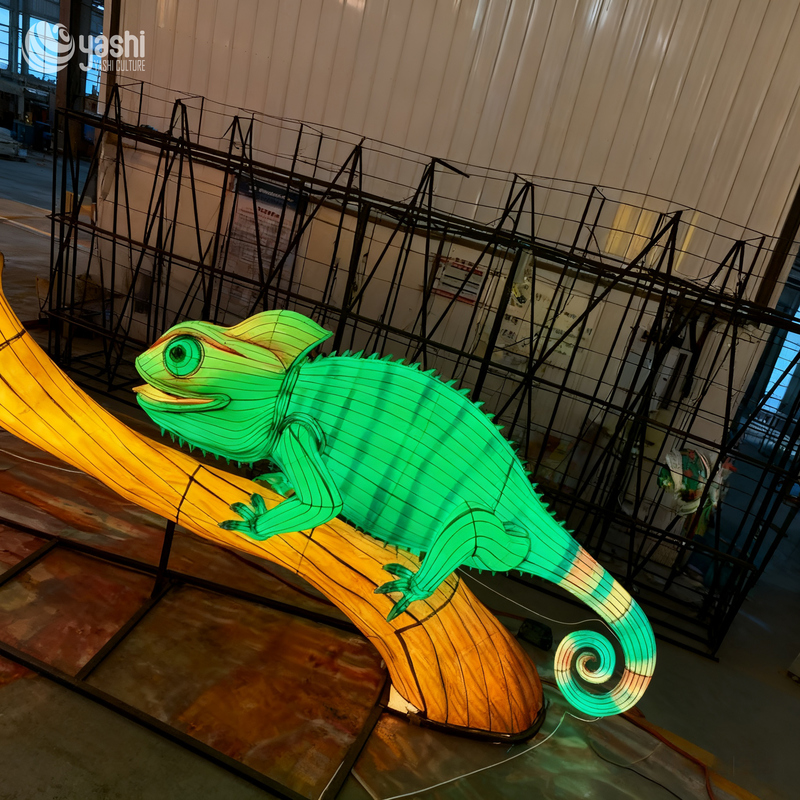 Custom Chameleon Lantern | Large LED Chameleon Light Sculpture on Tree Branch for Jungle Theme Outdoor Exhibition