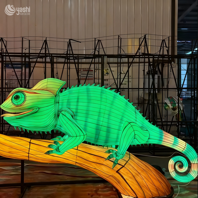 Custom Chameleon Lantern | Large LED Chameleon Light Sculpture on Tree Branch for Jungle Theme Outdoor Exhibition
