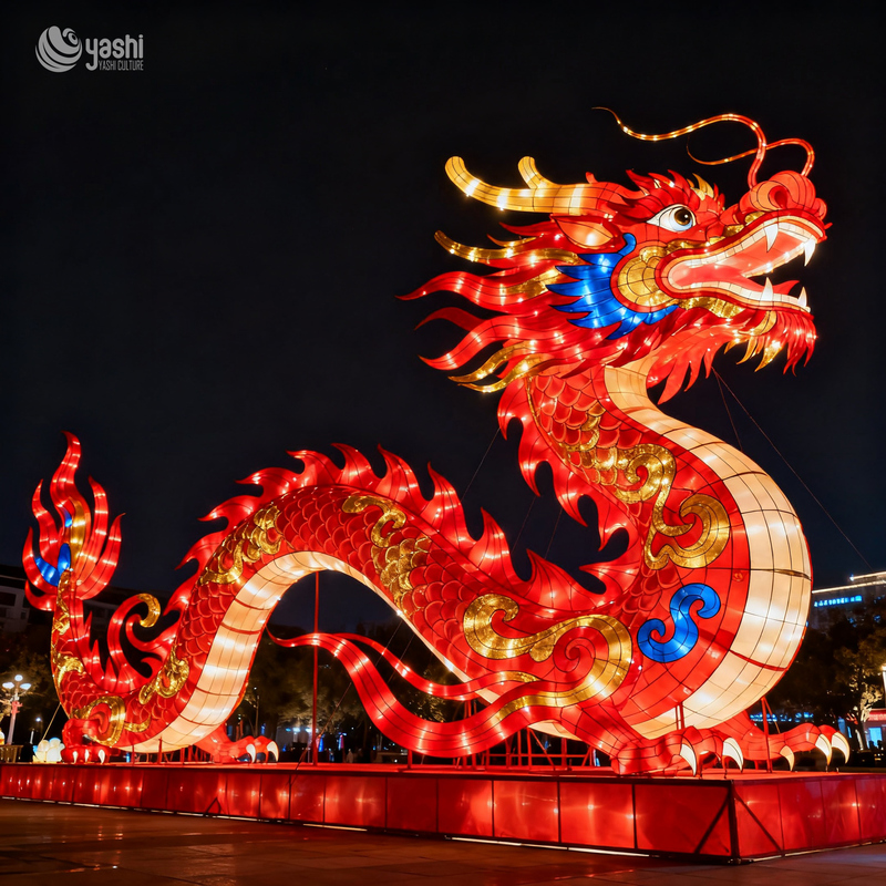 Custom Giant Chinese Dragon Zigong Lantern, Traditional Red Dragon LED Light Sculpture, Waterproof Outdoor Lunar New Year Festival Light Installation