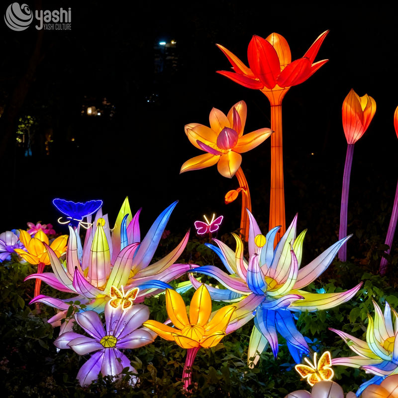 Custom Multicolor Flower & Butterfly LED Lantern Group, Mixed Floral Light Sculpture for Garden Light Festival