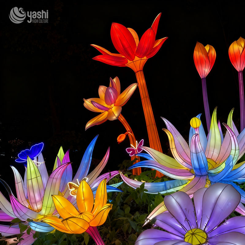 Custom Multicolor Flower & Butterfly LED Lantern Group, Mixed Floral Light Sculpture for Garden Light Festival