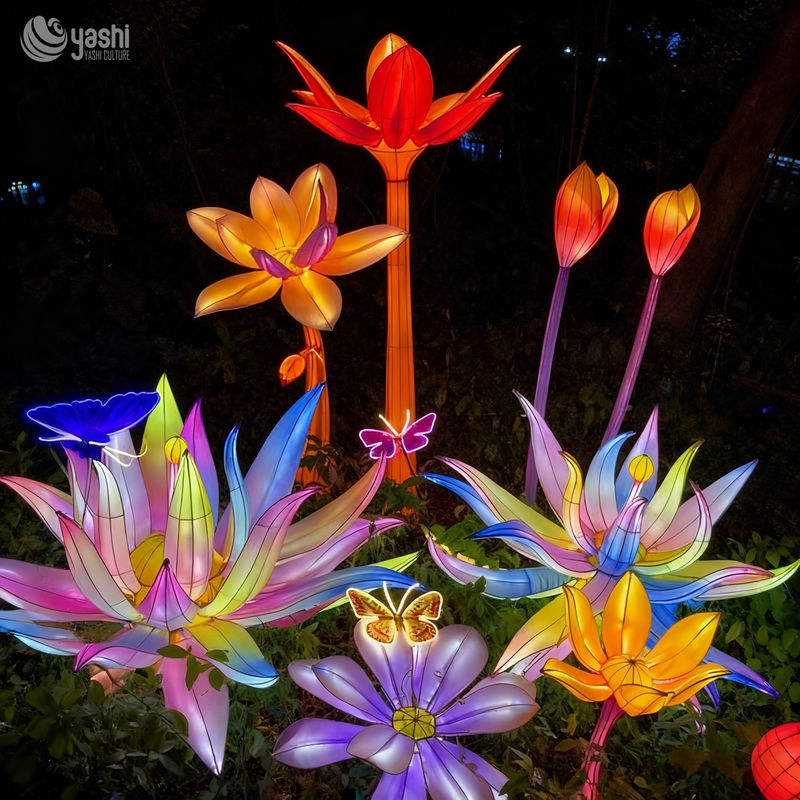 Custom Multicolor Flower & Butterfly LED Lantern Group, Mixed Floral Light Sculpture for Garden Light Festival