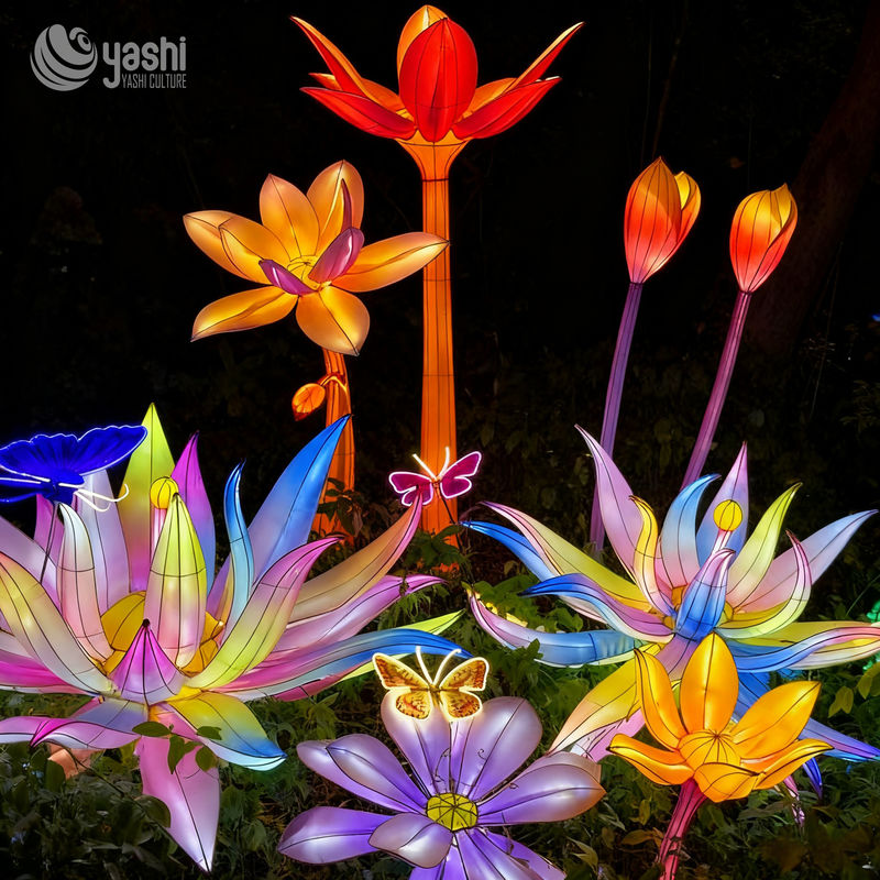 Custom Multicolor Flower & Butterfly LED Lantern Group, Mixed Floral Light Sculpture for Garden Light Festival