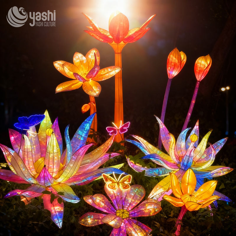 Custom Multicolor Flower & Butterfly LED Lantern Group, Mixed Floral Light Sculpture for Garden Light Festival