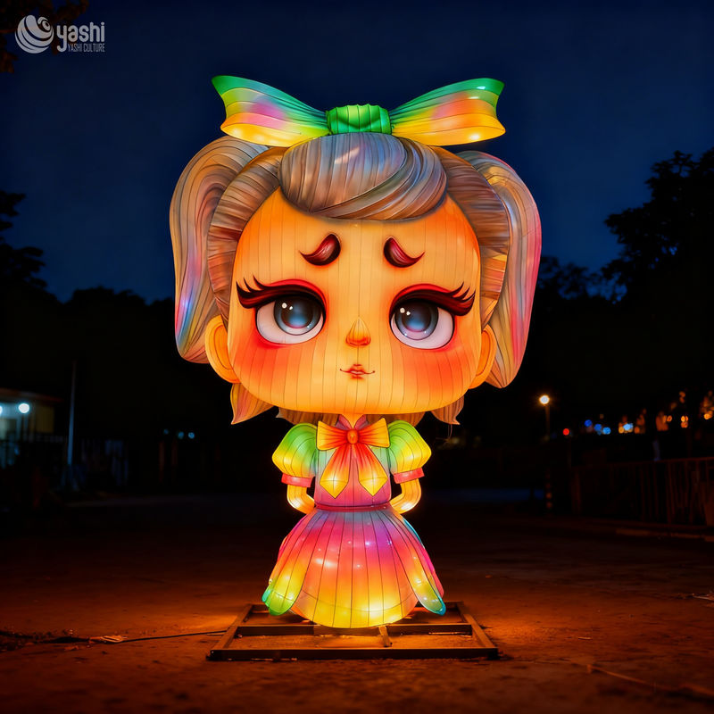 Custom Cartoon Girl Character Lantern, Giant LED Figure Light Sculpture for Theme Park & Night Festival