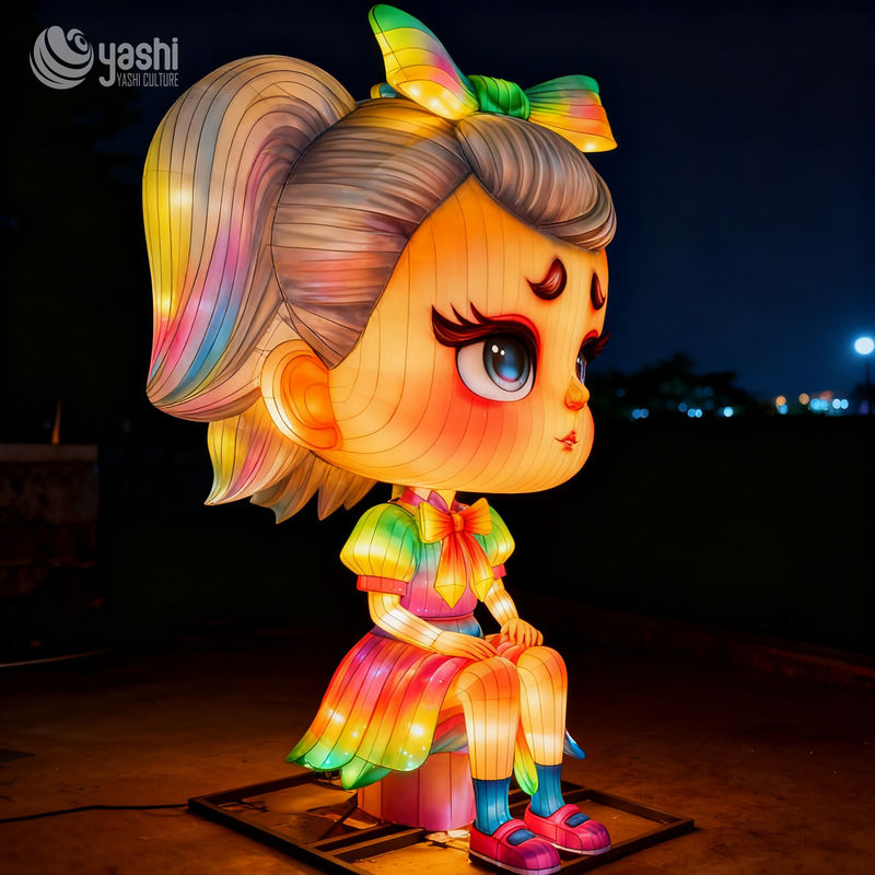 Custom Cartoon Girl Character Lantern, Giant LED Figure Light Sculpture for Theme Park & Night Festival