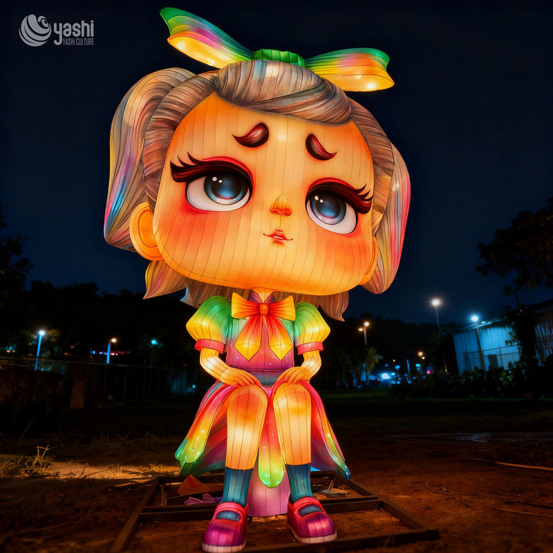 Custom Cartoon Girl Character Lantern, Giant LED Figure Light Sculpture for Theme Park & Night Festival