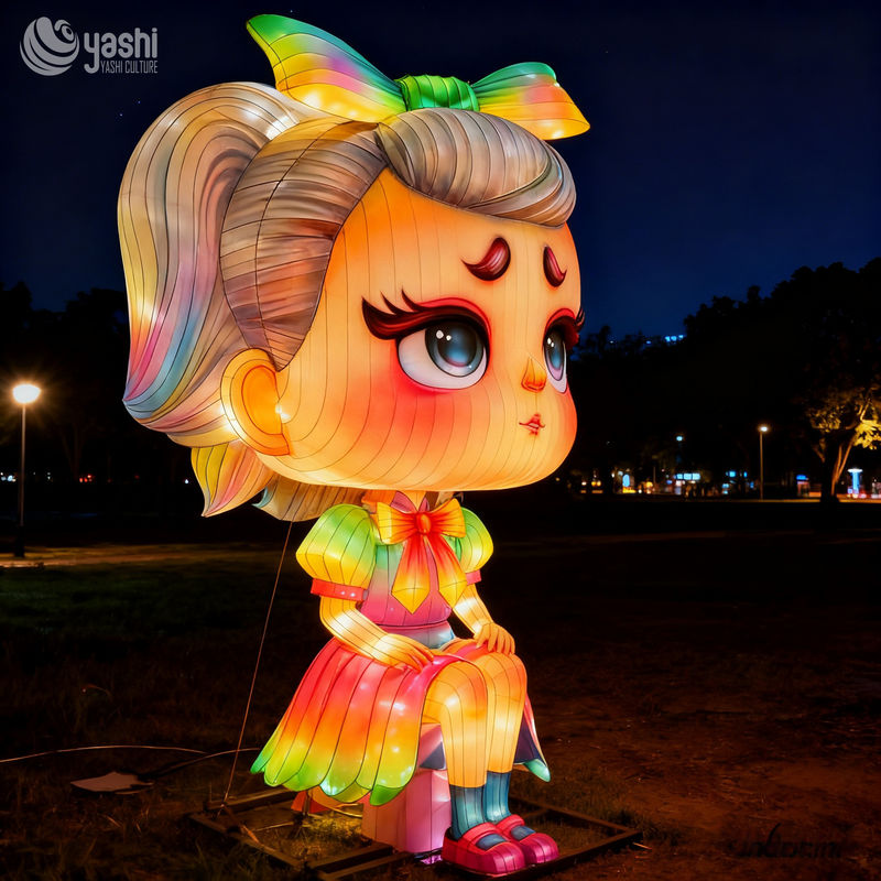 Custom Cartoon Girl Character Lantern, Giant LED Figure Light Sculpture for Theme Park & Night Festival