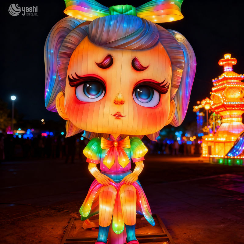 Custom Cartoon Girl Character Lantern, Giant LED Figure Light Sculpture for Theme Park & Night Festival
